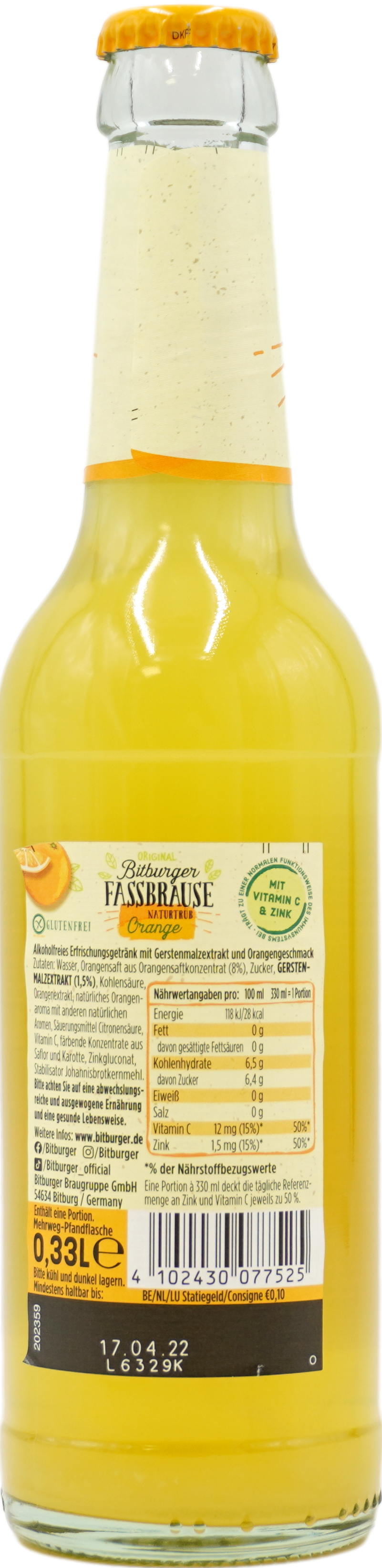 Bitburger Fassbrause Naturtrüb Orange
